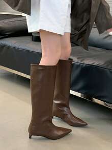 Brown Pointed Toe Stiletto Heel Wide Shaft Tall Boots For Women, Lazy Ruched Slouchy Design, Slimming Elegant Soft High Heel Straight Long Boots - Brown - View 2