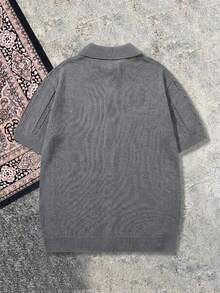 Men's Unisex POLO Collar Knit Cardigan, Casual Vacation Business Commute Ribbed Cable Solid Color Minimalist Short Sleeve Knit Top, POLO Collar Button-Up Knit Cardigan - Grey - View 4