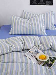 Fresh Blue & Green Vertical Striped 4-Piece Bedding Set, Puff Texture Synthetic Material, Japanese Style, Includes 1 Duvet Cover, 1 Bed Sheet, 2 Pillowcases, Duvet Insert And Pillow Insert Not Included - Teal - View 9