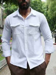 Men's Textured Wrinkled Double Pocket Long Sleeve White Shirt, Casual Workwear Shirt - White - View 1