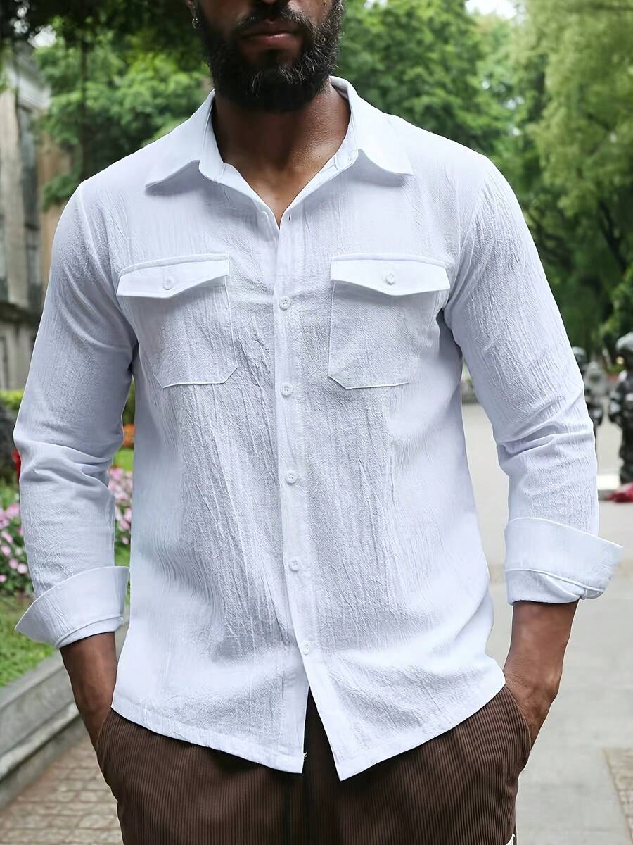 Men's Textured Wrinkled Double Pocket Long Sleeve White Shirt, Casual Workwear Shirt - White - View 1