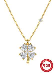 Collana in argento sterling S925 con moissanite a forma di trifoglio e catena laterale, singolo accento di diamante, catena clavicolare patchwork a forma di cuore portafortuna, regalo raffinato - Multicolore - Visualizzare 6