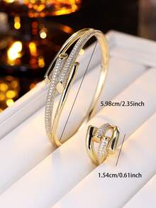 1pc Cold White Silver Cross Double Bar Full Rhinestone Open Bangle Ring, Luxury Contrast Color Polished Zirconia Bracelet, Niche Design Women's Jewelry Set - Bracelet Ring Set - View 2