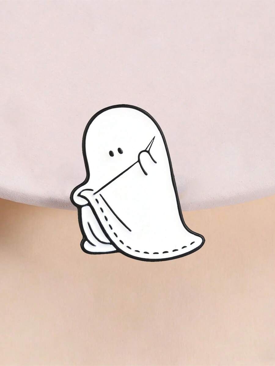 Sewing Ghost Enamel Pin Halloween Cartoon Spirit Sewing Cloth Brooch Fun Quirky Decor Badge - White - View 1