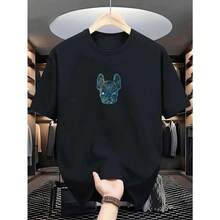 100% Polyester Men's Loose T-Shirt Breathable Casual Fashion French Bulldog Pattern Printed Short Sleeved Round Neck Top - 黑色 - 查看 1