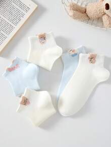4 Pairs Women's Cute Sweet Breathable Cartoon Bear Pattern Short Invisible Boat Socks, Ankle Socks And Short Socks, White Socks, Blue Socks, Preppy Style, Back To School Season, Suitable For Daily Casual Wear, Random Style, Suitable For Spring, Summer, Autumn And Winter - Multicolor - View 8