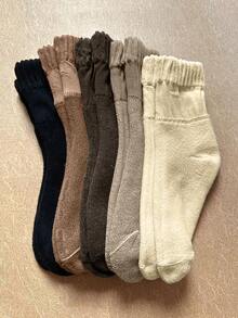 5 Pairs Women's Mid-Calf Socks, Solid Color, Marron Tone, Thermal Lined, Thickened, Warm, Cold-Resistant, Fashionable, Versatile, Suitable For Home, Sleep And Daily Wear - Multicolor - View 3