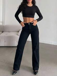 Wide Leg High-Waisted Palazzo Stretch Denim Pants - Black - View 4