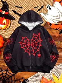 Lurzo Boys Gothic Style Halloween Zipper Hoodie, Red Spider Web Pattern Zip-Up Jacket, Easy To Put On And Take Off, Suitable For Daily/Halloween Wear - Black - View 4