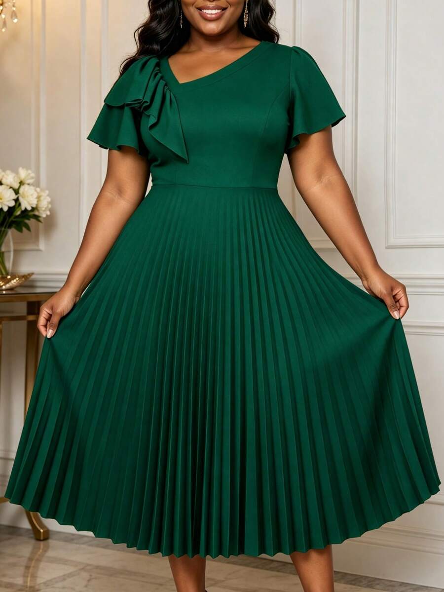 Vestido elegante con cuello de volantes asimétrico y falda acampanada, adecuado para ir a la oficina, ceremonias de graduación, servicios religiosos, toga de graduación, tallas grandes para mujeres