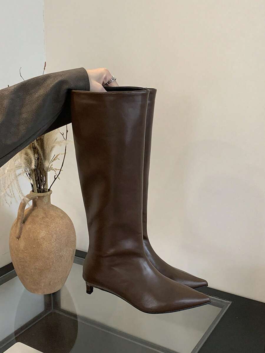 Brown Pointed Toe Stiletto Heel Wide Shaft Tall Boots For Women, Lazy Ruched Slouchy Design, Slimming Elegant Soft High Heel Straight Long Boots - Brown - View 1