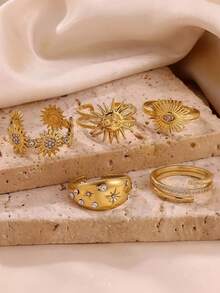 5PCS/1PC Vintage Gold Sun Evil Eye Star Rhinestone Open Ring Set, Stainless Steel Adjustable Finger Rings, European & American Bohemian Style Women's Stackable Jewelry Holiday Gift - Gold - View 9