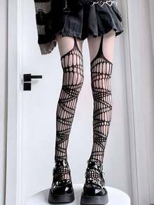 1 Pair Hollow Out Suspender Pantyhose For Women (Underwear Not Included) - Black - View 3