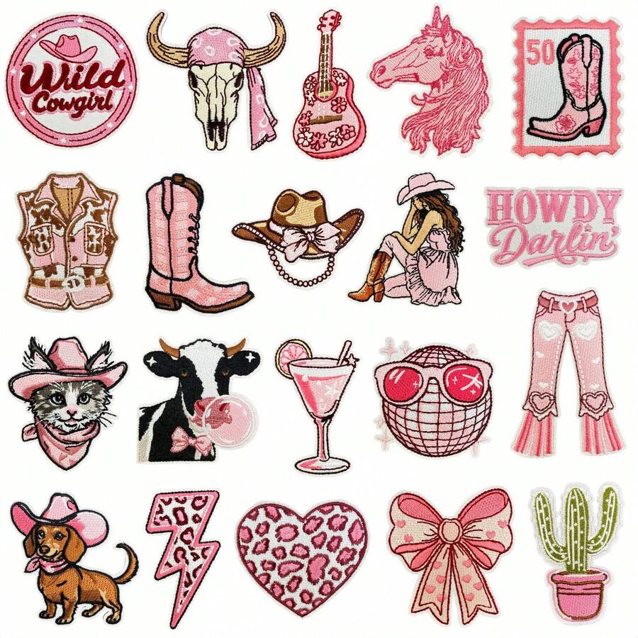 20PCS Pink Cowgirl Iron On Patches, Sew On Embroidered Applique Repair Patch DIY Crafts Projects For Clothing Jacket Jeans Pants Dress Backpack Hat Decorations Gifts