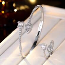 1 Set Cold White Silver Square Diamond & Teardrop Diamond Double Stone Open Bangle & Ring 2 Pieces Set, Luxury Full Zirconia Bracelet, Versatile Evening Dress Jewelry Set For Women - Bracelet Ring Set - View 8