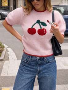 Ahlsen Nova Women Crew Neck Cherry Print Contrast Trim Short Sleeve Fuzzy Knit Cropped Pullover - Baby Pink - View 2