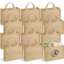 12er-Pack Jute-Tragetaschen mit Griffen, große wiederverwendbare Strand-Einkaufstasche mit 26 Bügelbildern, Beige, 15,4x12,2x5,9 Zoll MRAW - 1 - Übersicht 1
