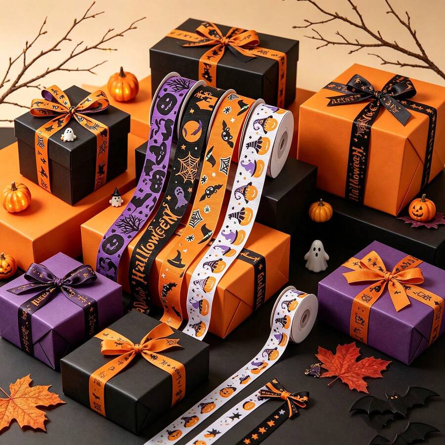 4/1pc Halloween Ribbon Set, Multi-Color Premium Smooth Fabric Ribbon, Gift Wrapping Ribbon, DIY Hair Bow Making Ribbon, Bouquet Binding, Window And Party Decoration, Multi-Purpose High-End Atmosphere Halloween Craft Supplies - Multicolor - View 1