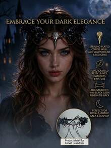 1 pieza Corona gótica de hojas negras con cráneo de cuervo y cadena con colgante de strass rojo, diadema de frente de vampiro, adecuada para un look de cosplay oscuro - Negro - Ver 2