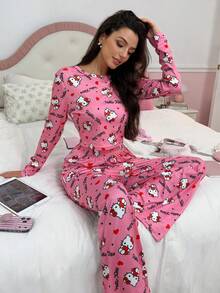 Noctvar OBM Sleepwear X Hello Kitty 2pcs Set Pakaian Rumah Anak Perempuan Motif Hello Kitty Pink, Atasan Lengan Panjang Pendek + Celana Panjang Lebar, Lembut, Ramah Kulit, Nyaman, dan Manis - Berwarna merah muda - View 5
