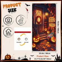 1 pieza Pancarta de puerta de Halloween oscura, calabaza multicolor, esqueleto, bruja, calavera, pared agrietada de terror, tela para cubrir la puerta, decoración espeluznante para el porche delantero y la puerta principal del hogar, decoración para fiesta de Halloween, casa embrujada, entrada del jardín, fondo de cabina de fotos, Navidad, Halloween - Fondo de Halloween - Ver 12