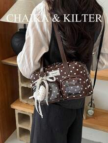 CHAIKA & KILTER 1件裝純色亮面PU布料女款時尚多口袋大容量波士頓保齡球肩背包，滿版波點圖案，拉鍊開合，適合日常與街頭使用（附吊飾） - 咖啡 - 查看 8
