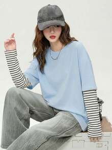 JUTU 春季新款寬鬆圓領條紋拼接袖 T-shirt，2合1藍白配色甜美優雅青春女孩舒適長袖上衣 - 藍拼白 - 查看 4
