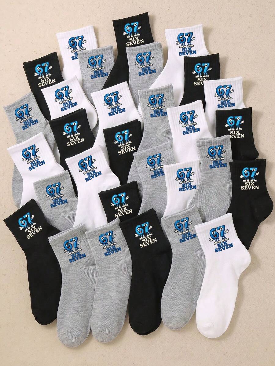 4 Pairs Random Style Mid-Calf Socks, Black White Gray Color Scheme ...