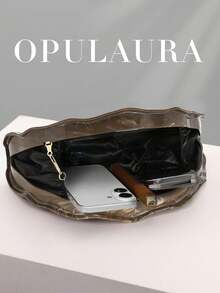OpulAura 歐美時尚復古貝殼造型休閒紋理金屬色方型手拿包，不對稱設計手提包，磁吸開合，適合派對、婚禮、舞會、晚宴、女性生日派對及舞會聚會 - 咖啡 - 查看 3