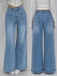 Celana Jeans Wanita Ukuran Besar Kasual Serbaguna Model Lurus dengan Kantong, Celana Denim Biru Muda Pudar, Celana Jeans Denim Elegan Sederhana untuk Musim Gugur - Light Wash - View 2