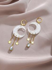 1 par de pendientes colgantes con borlas de luna creciente y estrella, imitación de ópalo, pendientes de gota de agua para mujer, accesorios de joyería boho para boda y fiesta, regalo - pendientes - Ver 8