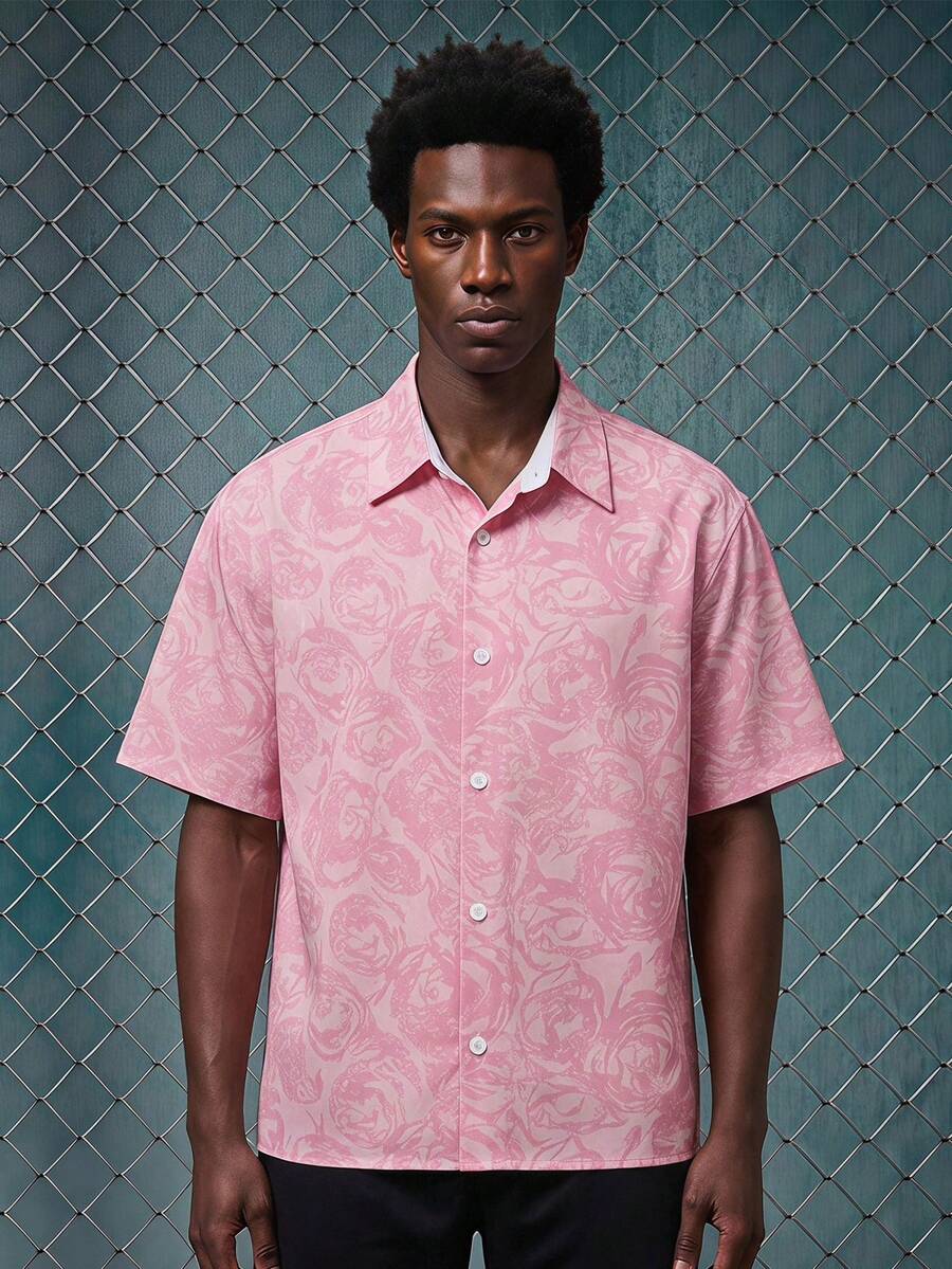 EVRINFINITE Boxy Cropped Casual Vintage Pink Rose Patterned Floral English Print Short Shirt - Multicolor - View 1