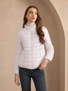 ZIAI Women's Lightweight Down Jacket, Solid Color Stand Collar, Winter - White - View 2
