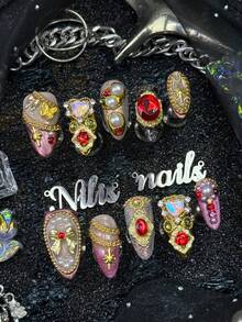 10pcs Handmade Fully Covered Almond Nails Press On Nails, Purple&Gold Colors, Silver Cat Eyes, Fine Glitter,Removable For Party,Dance,Daily Wear, Cosplay,With Jelly Glue And Nail File,Elegant Noble Vintage Gem Nail For Retro Luxury Style Women - Multicolor - View 4