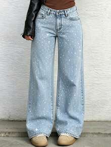 Teen Girls Fashion Rhinestone Loose Wide Leg Denim Jeans - Light Wash - View 4