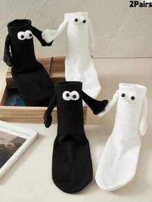 1/2/4/6/12 Pairs 3D Eye Hand-In-Hand Design Socks, Cute Creative, Soft And Breathable, Casual Daily Wear For Couples And Best Friends, Back To School Gift, Women's Socks - Black and White - View 5