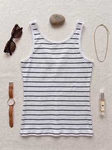 Women's Striped Tank Top With Sweetheart Neckline, Buttons, And Ruching In Ribbed Knit, Regular Fit, Medium-Stretch Cotton, Perfect For Summer. - 白色條紋2 - 查看 2