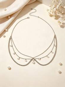 1pc Bohemian Style Rhinestone & Faux Pearl Hair Chain, Handmade Metal Chain Headpiece, Fairy Style Daily Wear Hair Accessory, Suitable For Dating, Bridal And Holiday Party - Silver - View 5