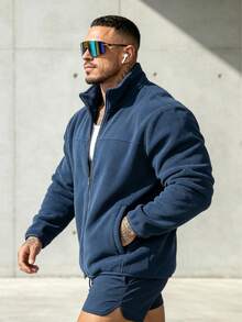 Men's Polar Fleece Casual Solid Color Long Sleeve Jacket, Versatile For Autumn/Winter - Navy Blue - View 5