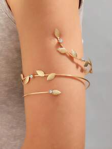 1pc Minimalist Creative Leaf Line Inlaid Flower Arm Cuff Bracelet Suitable For Daily Wear - Gold - View 1