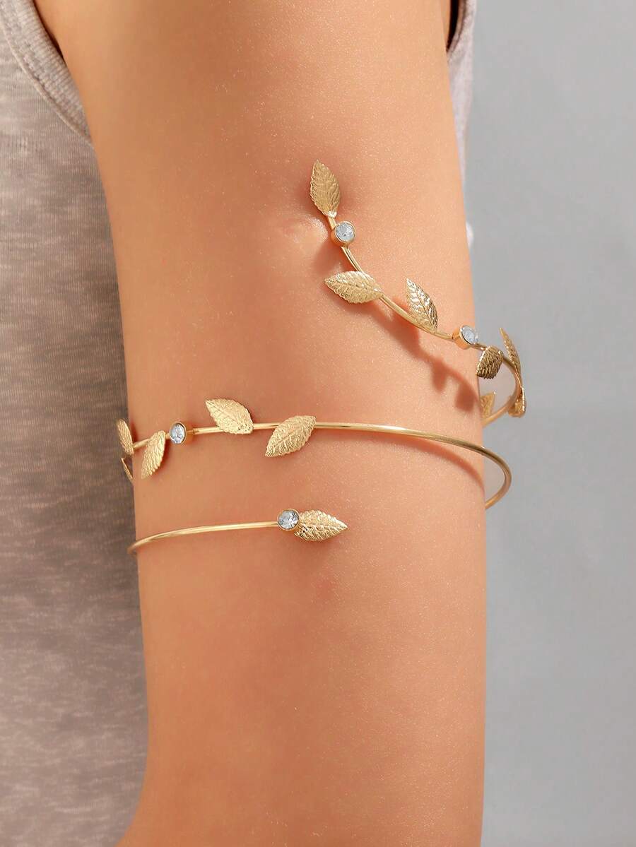1pc Minimalist Creative Leaf Line Inlaid Flower Arm Cuff Bracelet Suitable For Daily Wear - Gold - View 1