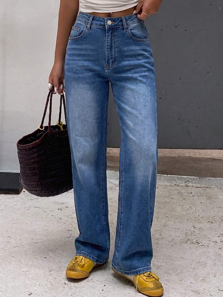 Celana Jeans Denim Wanita Ukuran Besar dengan Kantong Diagonal, Minimalis, Kasual, Longgar, Potongan Lurus, Warna Denim Pudar, Ukuran Plus, Pakaian Musim Gugur - Biru - View 1