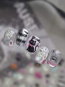 1pc Small Design Fluorescent Halloween Nail Art Stickers, Self-Adhesive Nail Decals With Pumpkin, Ghost, Spider Web, Witch And Stained Glass Pattern Design For Nail Decoration - Multicolor - View 7
