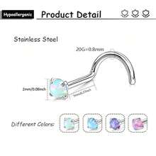 4PCS 20G Surgical Stainless Steel 2mm Opal Nose Screw L-Shaped Rings Studs Nose Piercing Stud Jewelry For Women Men - Silver - View 3
