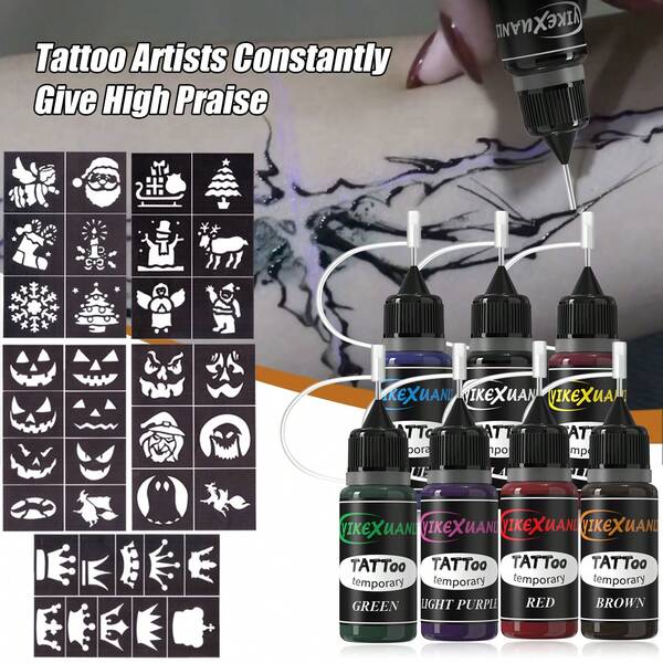 yikexuanli 5 pièces Pochoirs de tatouage creux de Noël + Ensemble de tatouage temporaire 7 couleurs, Encre de tatouage temporaire semi-permanente, Peinture corporelle, Convient pour les doigts, les poignets et le corps, Pochoirs de tatouage temporaire imperméable, Convient aux hommes et aux femmes pour la décoration de tatouage de fête, la peinture corporelle de vacances