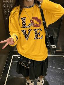 Women's Street Casual Long Sleeve Top, Leopard Print Letter & Lip Pattern, Yellow T-Shirt - Yellow - View 2