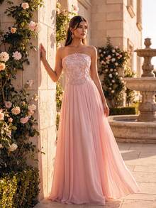 Smilprince Women's Pink Elegant Strapless Beaded Chiffon Floor Length Dress, Autumn Winter For Wedding Guest Reception, Bridesmaid, Formal Evening Dinner - Pink - View 4