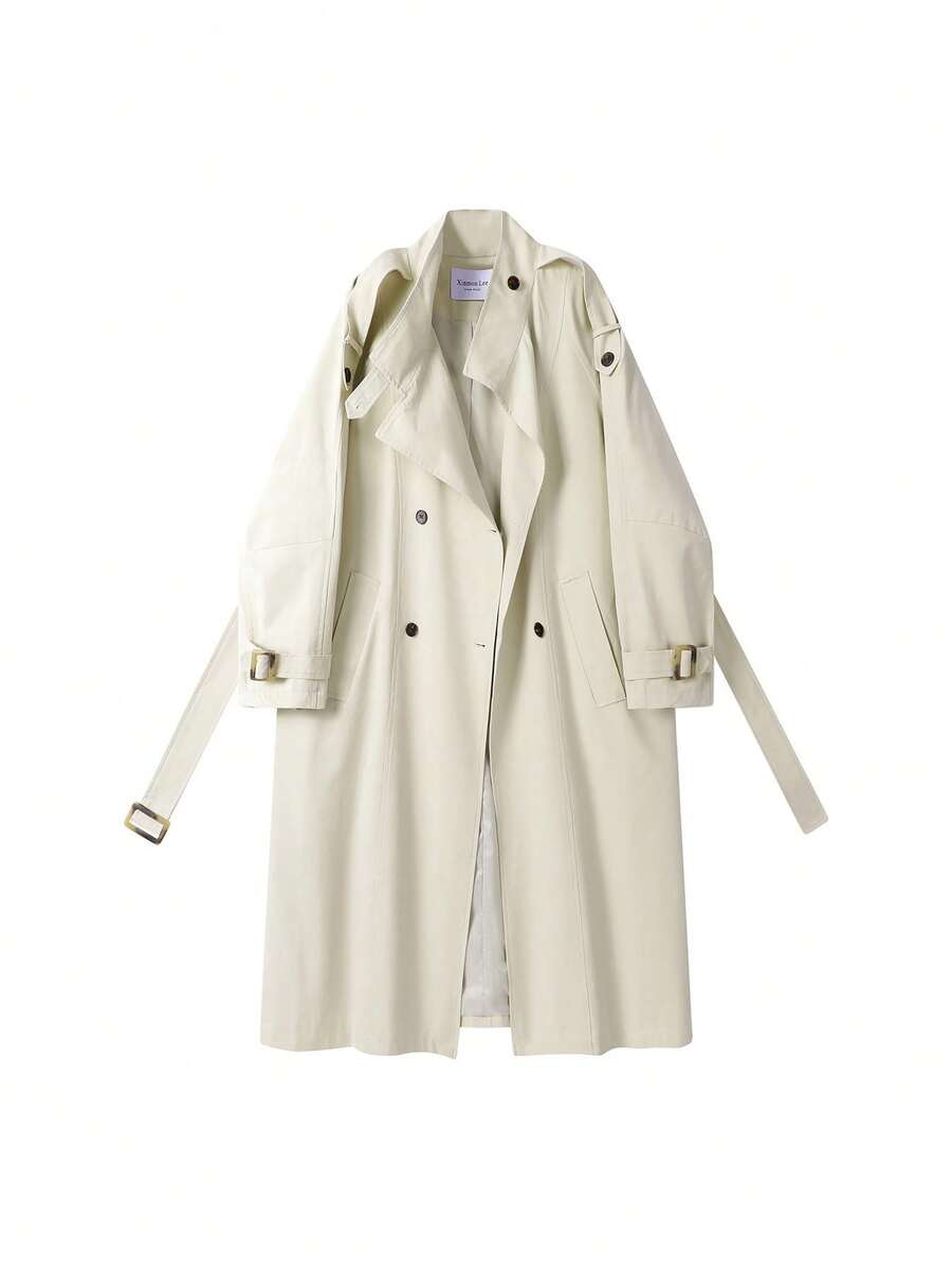 Early Autumn New Double-Breasted Premium Trench Coat Jacket Solid Color Pocket Top For Evening Date, College, Daily Wear, Spring And Autumn - Apricot - View 1