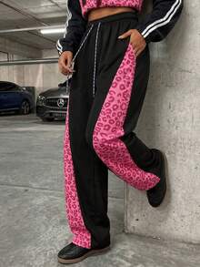 Women's Pink Leopard Print Side Patchwork Wide Leg Sweatpants, Drawstring Waist Elastic Fit Y2K Street Style Casual Sports Long Pants - Pink - View 8