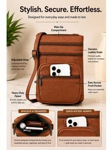 Women's Genuine Leather Crossbody Bag, Adjustable Shoulder Purse, Lightweight Travel Handbag For Work, Shopping & Daily Use - 棕色 - 查看 2